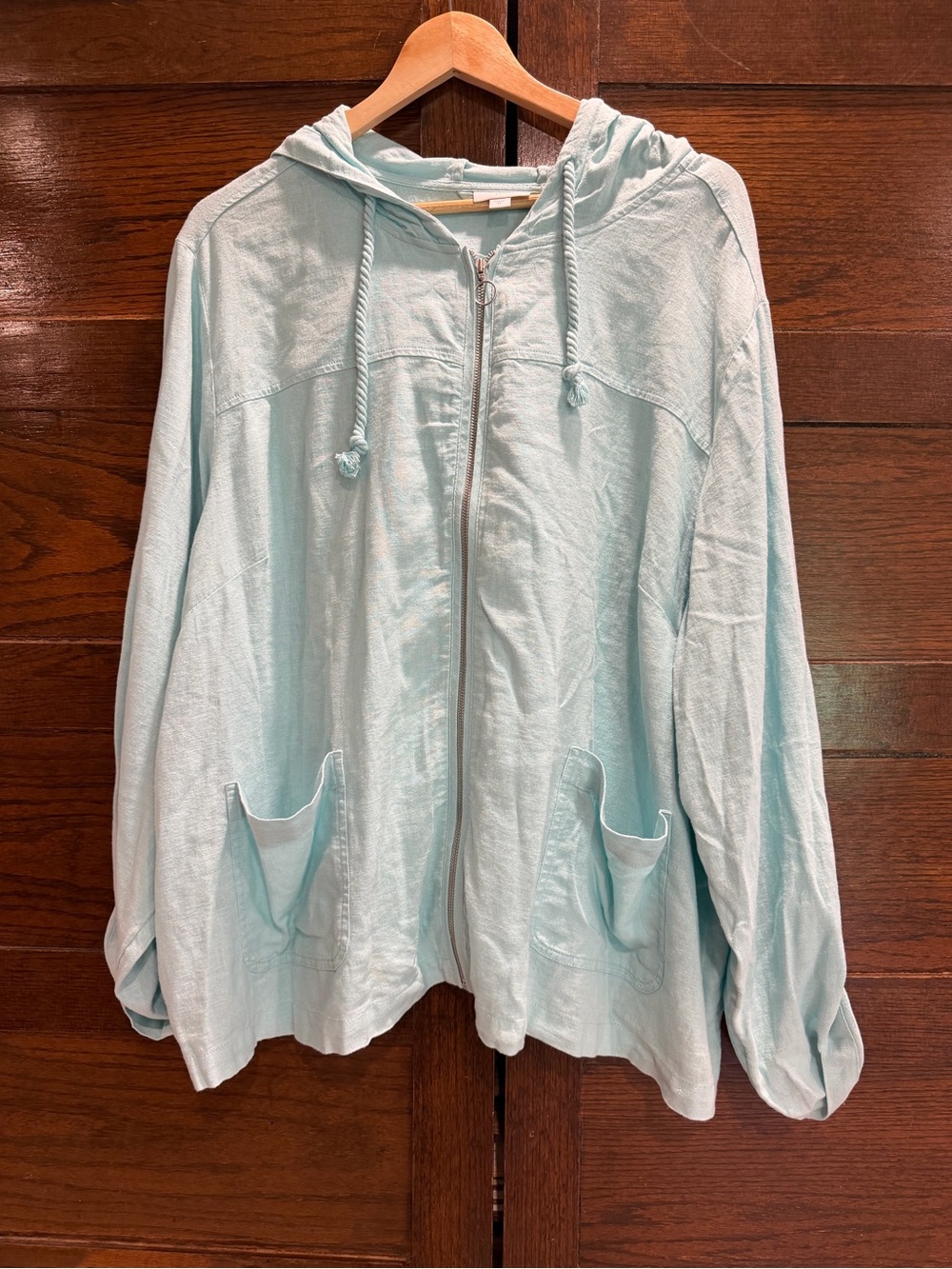 J. Jill 3X Light Aqua Linen-Blend full zip jacket Top hooded hoodie pockets plus